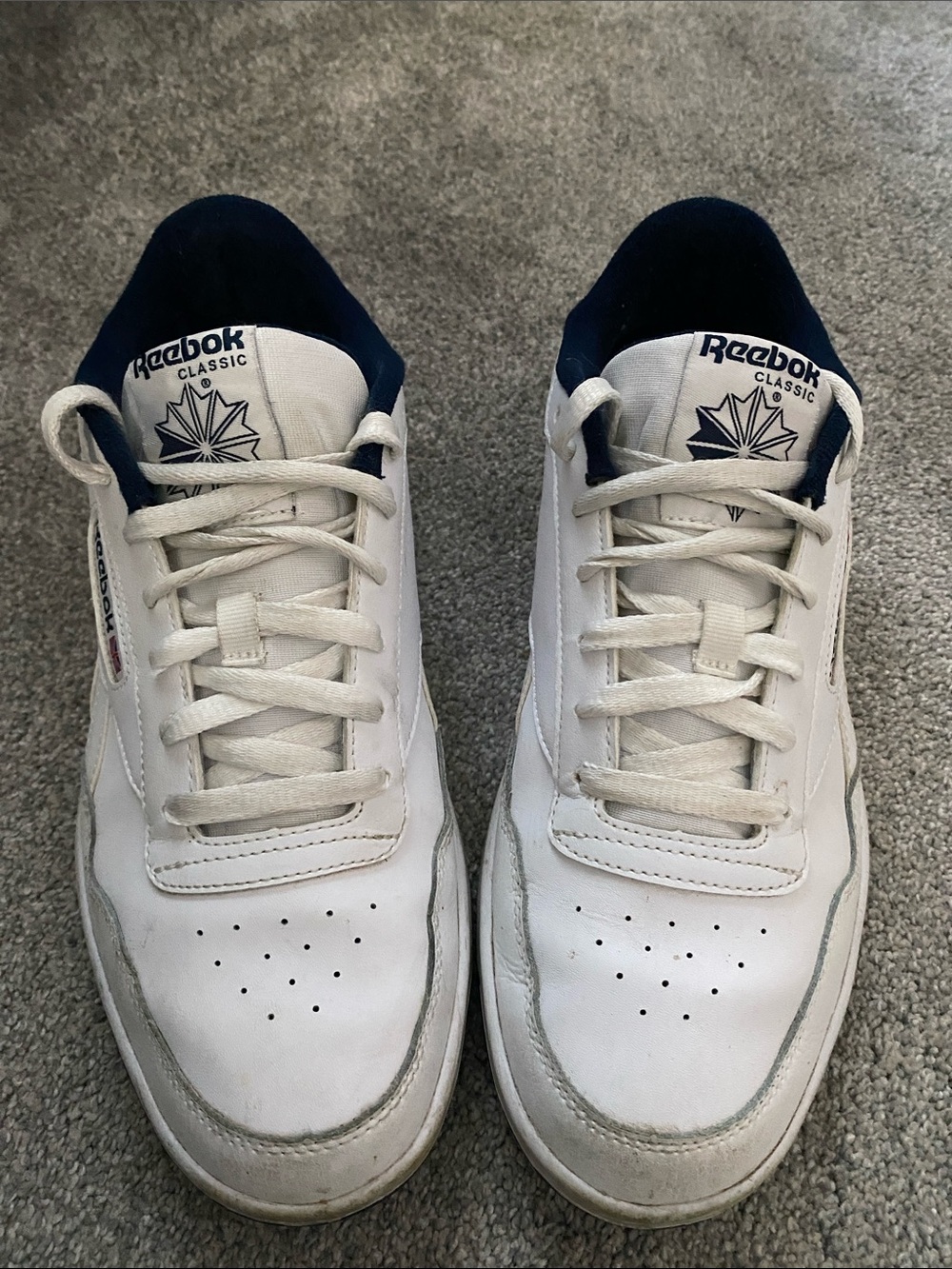 Reebok Men’s White Leather Sneakers with Navy Trim